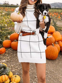 Grid Pattern Turtleneck Dress