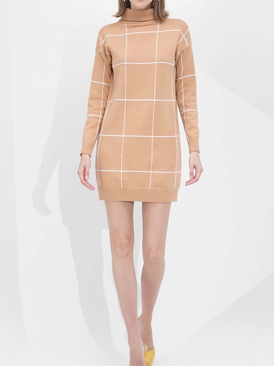 Grid Pattern Turtleneck Dress