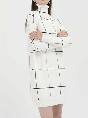 Grid Pattern Turtleneck Dress