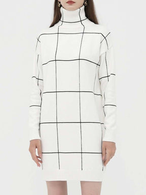 Grid Pattern Turtleneck Dress